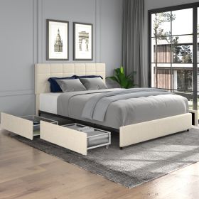 Vera Queen Size Ivory Velvet Upholstered Platform Bed with Patented 4 Drawers Storage, Square Stitched Button Tufted Headboard, Wooden Slat Mattress S