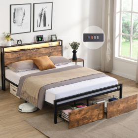 Full Size Bed Frame with Storage Headboard and 2 Drawers, LED Lights Bed with Charging Station, Metal Platform Bed No Noise, Mattress Foundation Stron