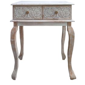 2 Drawer Mango Wood Console Table with Floral Carved Front, Brown and White