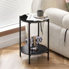 2-layer End Table with Whole Marble Tabletop, Round Coffee Table with Black Metal Frame for Bedroom Living Room Office (black,1 piece)