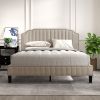 Modern Linen Curved Upholstered Platform Bed , Solid Wood Frame , Nailhead Trim, Beige (Queen)