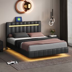 Queen Size Floating Bed Frame with LED Lights and USB Charging,Modern Upholstered Platform LED Bed Frame,Black