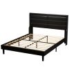 Stylish Queen Size PU Leather Upholstered Bed Frame Platform Bed with Lights Stitched Wing-backed Headboard Strong Wooden Slats Bed Canopy No Box Spri