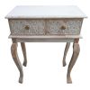 2 Drawer Mango Wood Console Table with Floral Carved Front, Brown and White