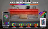 Queen Size Bed Frame with Storage Headboard and 2 Drawers, LED Lights Bed with Charging Station, Metal Platform Bed No Noise, Mattress Foundation Stro