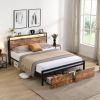 Queen Size Bed Frame with Storage Headboard and 2 Drawers, LED Lights Bed with Charging Station, Metal Platform Bed No Noise, Mattress Foundation Stro