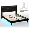 Stylish Queen Size PU Leather Upholstered Bed Frame Platform Bed with Lights Stitched Wing-backed Headboard Strong Wooden Slats Bed Canopy No Box Spri