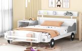 Full Size Car-Shaped Platform Bed,Full Bed with Storage Shelf for Bedroom,White