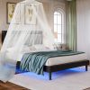 Stylish Queen Size PU Leather Upholstered Bed Frame Platform Bed with Lights Stitched Wing-backed Headboard Strong Wooden Slats Bed Canopy No Box Spri