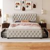 Upholstered Platform Bed Frame with Four Drawers, Button Tufted Headboard and Footboard Sturdy Metal Support, No Box Spring Required, Beige, Queen (Ol