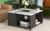 ON-TREND Modern 2-layer Coffee Table with Casters, Square Cocktail Table with Removable Tray, UV High-gloss Marble Design Center Table for Living Room