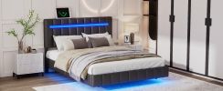 Full Size Floating Bed Frame with LED Lights and USB Charging,Modern Upholstered Platform LED Bed Frame,Black(Full)