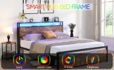 Queen Size Bed Frame with Storage Headboard and 2 Drawers, LED Lights Bed with Charging Station, Metal Platform Bed No Noise, Mattress Foundation Stro