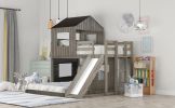 Wooden Twin Over Full Bunk Bed; Loft Bed with Playhouse; Farmhouse; Ladder; Slide and Guardrails; White(OLD SKU :LT000028AAE)