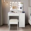 FCH Large Vanity Set with 10 LED Bulbs, Makeup Table with Cushioned Stool, 3 Storage Shelves 1 Drawer 1 Cabinet, Dressing Table Dresser Desk for Women