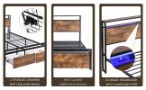 Queen Size Bed Frame with Storage Headboard and 2 Drawers, LED Lights Bed with Charging Station, Metal Platform Bed No Noise, Mattress Foundation Stro