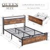 Queen Size Bed Frame with Storage Headboard and 2 Drawers, LED Lights Bed with Charging Station, Metal Platform Bed No Noise, Mattress Foundation Stro