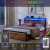 Queen Size Bed Frame with Storage Headboard and 2 Drawers, LED Lights Bed with Charging Station, Metal Platform Bed No Noise, Mattress Foundation Stro