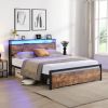 Queen Size Bed Frame with Storage Headboard and 2 Drawers, LED Lights Bed with Charging Station, Metal Platform Bed No Noise, Mattress Foundation Stro