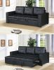 Sectional Sofa Pull out Bed Living Room Couch Black Faux Leather Tufted Convertible Sofa