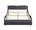 Queen Size Upholstered Faux Leather Platform Bed with LED Light Bed Frame with Slatted - Black