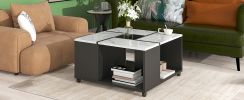 ON-TREND Modern 2-layer Coffee Table with Casters, Square Cocktail Table with Removable Tray, UV High-gloss Marble Design Center Table for Living Room