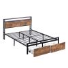 Queen Size Bed Frame with Storage Headboard and 2 Drawers, LED Lights Bed with Charging Station, Metal Platform Bed No Noise, Mattress Foundation Stro