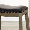 24" Counter Height Saddle Stool, Weathered Gray Finish, Black Leather Seat