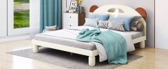 Full Size Platform Bed with Bear Ears Shaped Headboard and LED, Cream White