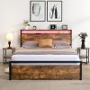 Queen Size Bed Frame with Storage Headboard and 2 Drawers, LED Lights Bed with Charging Station, Metal Platform Bed No Noise, Mattress Foundation Stro