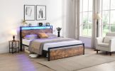 Queen Size Bed Frame with Storage Headboard and 2 Drawers, LED Lights Bed with Charging Station, Metal Platform Bed No Noise, Mattress Foundation Stro