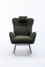 35.5 inch Rocking Chair, Soft Teddy Velvet Fabric Rocking Chair for Nursery, Comfy Wingback Glider Rocker with Safe Solid Wood Base for Living Room Be (Material: Teddy Velvet, Color: Dark green)