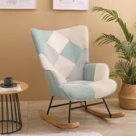 Rocking Chair, Mid Century Fabric Rocker Chair with Wood Legs and Patchwork Linen for Livingroom Bedroom (Color: as Pic)