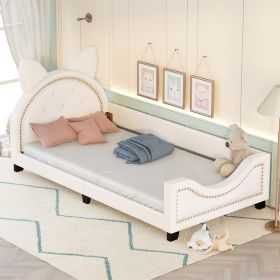 Twin Size Upholstered Daybed with Carton Ears Shaped Headboard, White (Color: as Pic)