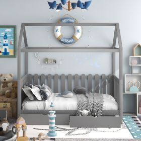 Twin Size House Bed with drawers, Fence-shaped Guardrail, Gray (Color: gray)