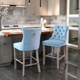 Contemporary Velvet Upholstered Barstools with Button Tufted Decoration and Wooden Legs, and Chrome Nailhead Trim, Leisure Style Bar Chairs,Bar stools (Color: as Pic)