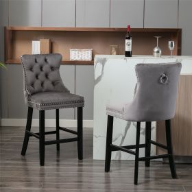 Furniture; Contemporary Velvet Upholstered Barstools with Button Tufted Decoration and Wooden Legs;  and Chrome Nailhead Trim;  Leisure Style Bar Chai (Color: gray)