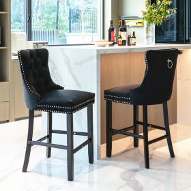 Furniture; Contemporary Velvet Upholstered Barstools with Button Tufted Decoration and Wooden Legs;  and Chrome Nailhead Trim;  Leisure Style Bar Chai (Color: black)