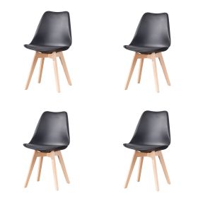 Mid Century Modern Dining Chairs, with Wood Legs, Armless Kitchen Chairs, Shell Lounge Plastic Side Chair with Soft Padded Kitchen, Dining Room, Livin (Quantity: 4, Color: black)