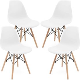 Set of 4 Modern Style Dining Chair, Shell Lounge Plastic Chair for Kitchen, Dining, Bedroom, Living Room Mid-Century Modern Side Chairs with Wooden Wa (Color: White)