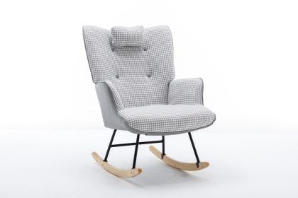 35.5 inch Rocking Chair, Soft Houndstooth Fabric Leather Fabric Rocking Chair for Nursery, Comfy Wingback Glider Rocker with Safe Solid Wood Base for (Material: Cotton linen, Color: Light grey)