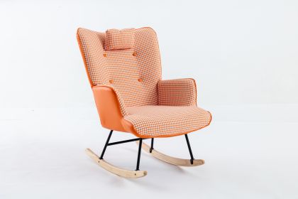 35.5 inch Rocking Chair, Soft Houndstooth Fabric Leather Fabric Rocking Chair for Nursery, Comfy Wingback Glider Rocker with Safe Solid Wood Base for (Material: Cotton linen, Color: Orange)