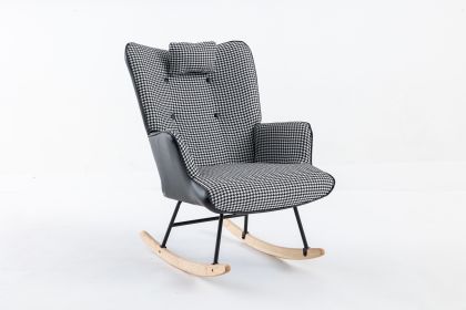 35.5 inch Rocking Chair, Soft Houndstooth Fabric Leather Fabric Rocking Chair for Nursery, Comfy Wingback Glider Rocker with Safe Solid Wood Base for (Material: Cotton linen, Color: black)