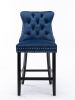 Furniture; Contemporary Velvet Upholstered Barstools with Button Tufted Decoration and Wooden Legs;  and Chrome Nailhead Trim;  Leisure Style Bar Chai