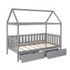 Twin Size House Bed with drawers, Fence-shaped Guardrail, Gray