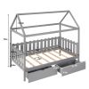 Twin Size House Bed with drawers, Fence-shaped Guardrail, Gray