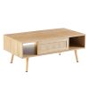 41.34" Rattan Coffee table, sliding door for storage, solid wood legs, Modern table for living room