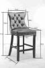 Furniture; Contemporary Velvet Upholstered Barstools with Button Tufted Decoration and Wooden Legs;  and Chrome Nailhead Trim;  Leisure Style Bar Chai